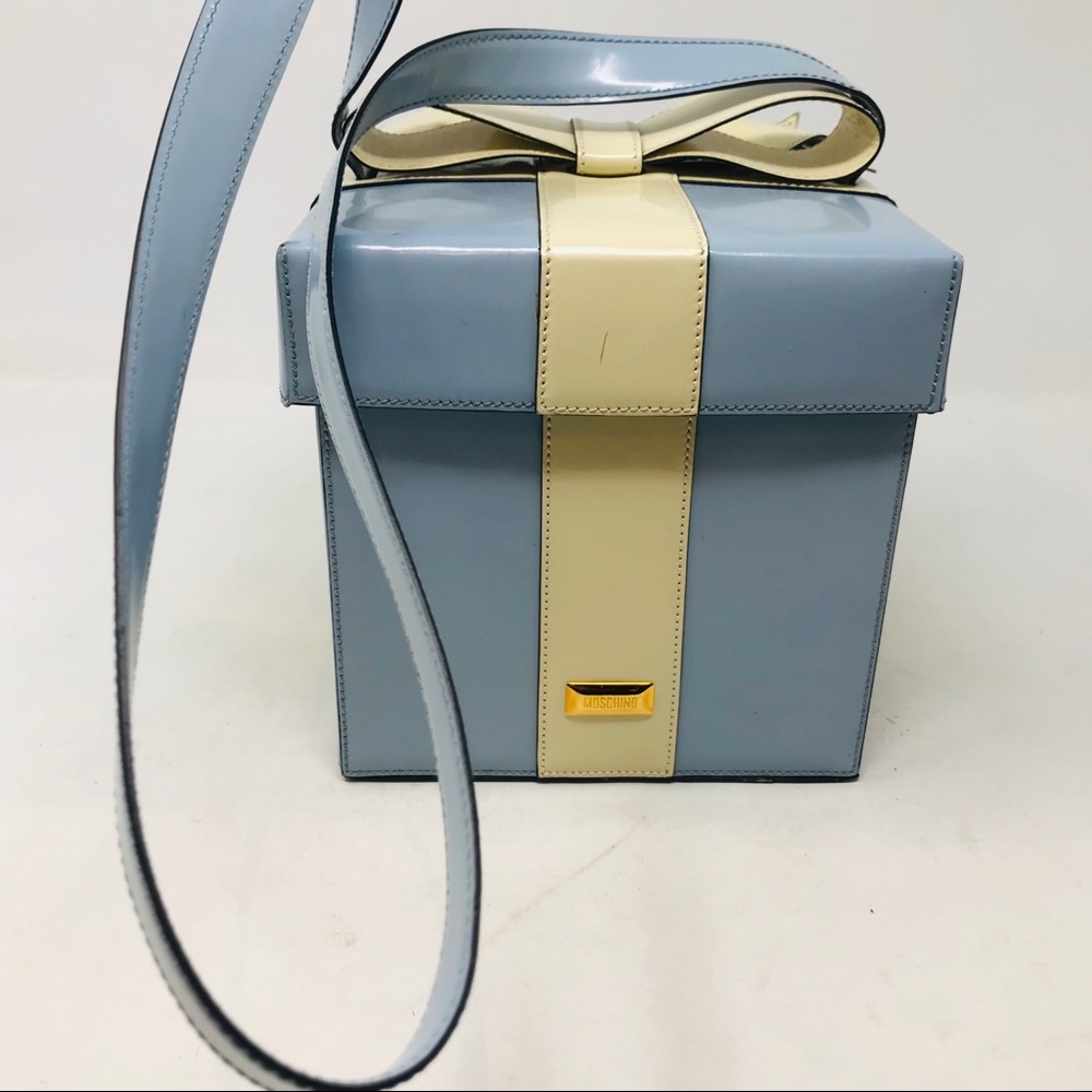 Moschino Vintage Leather Bow Bag Blue Cream - Picture 3 of 8